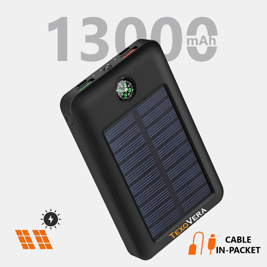 TexoVera Solar Power Bank 13000 mAh with 15W Solar Charging and Lithium Polymer Battery (Compas-solar-13K)
