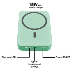 10000 mAh Wireless MagSafe Power Bank, 15W Wireless & 22.5W Wired - Green