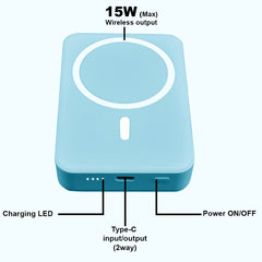 10000 mAh Wireless MagSafe Power Bank, 15W Wireless & 22.5W Wired - Blue