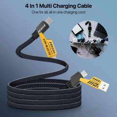 TexoVera 4-in-1 65W Fast Charging Flat Cable with USB, Lightning, C-Type Ports
