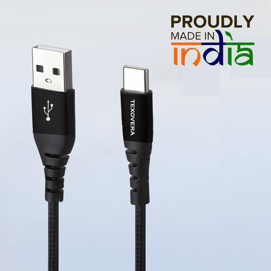 TexoVera 1 Meter USB to Type C 65 Watt DASH/SuperVOOC/WARP Charge Cotton Braided Data Cable with Metal Shell for Smartphones, Tablets, Laptops, 480Mbps Data Sync, Quick Charge 3.0