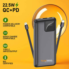 TexoVera 10000 mAh 22.5W Power Bank with 2 Cable Attached, Lithium-Polymer, Fast Charging (A201-2WIRE)