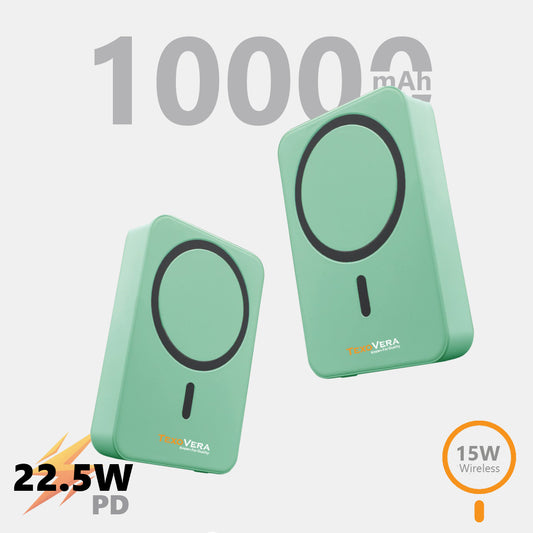 10000 mAh Wireless MagSafe Power Bank, 15W Wireless & 22.5W Wired - Green