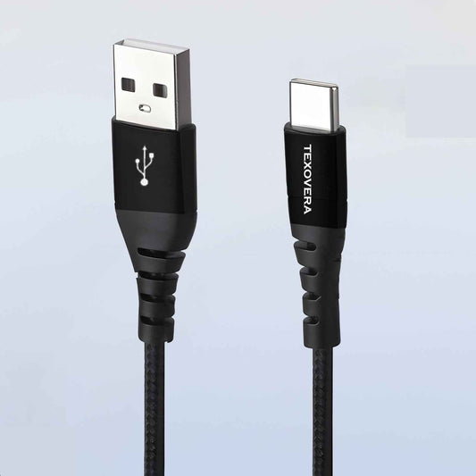 TexoVera 1 Meter USB to Type C 65 Watt DASH/SuperVOOC/WARP Charge Cotton Braided Data Cable with Metal Shell for Smartphones, Tablets, Laptops, 480Mbps Data Sync, Quick Charge 3.0