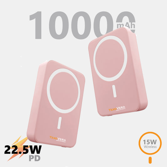 10000 mAh Wireless MagSafe Power Bank, 15W Wireless & 22.5W Wired - Pink