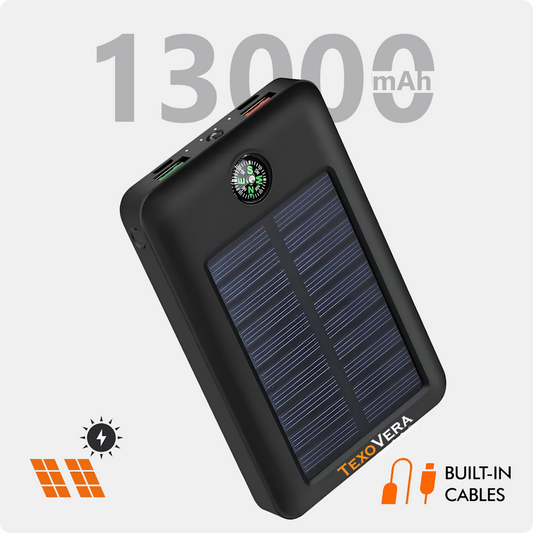 TexoVera Solar Power Bank 13000 mAh with 15W Solar Charging and Lithium Polymer Battery (Compas-solar-13K)