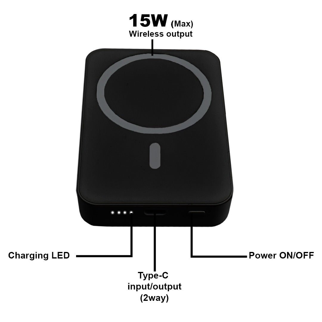 TexoVera 10000 mAh Wireless MagSafe Power Bank, 15W Wireless & 25W Wired, Lithium Polymer Battery - Black