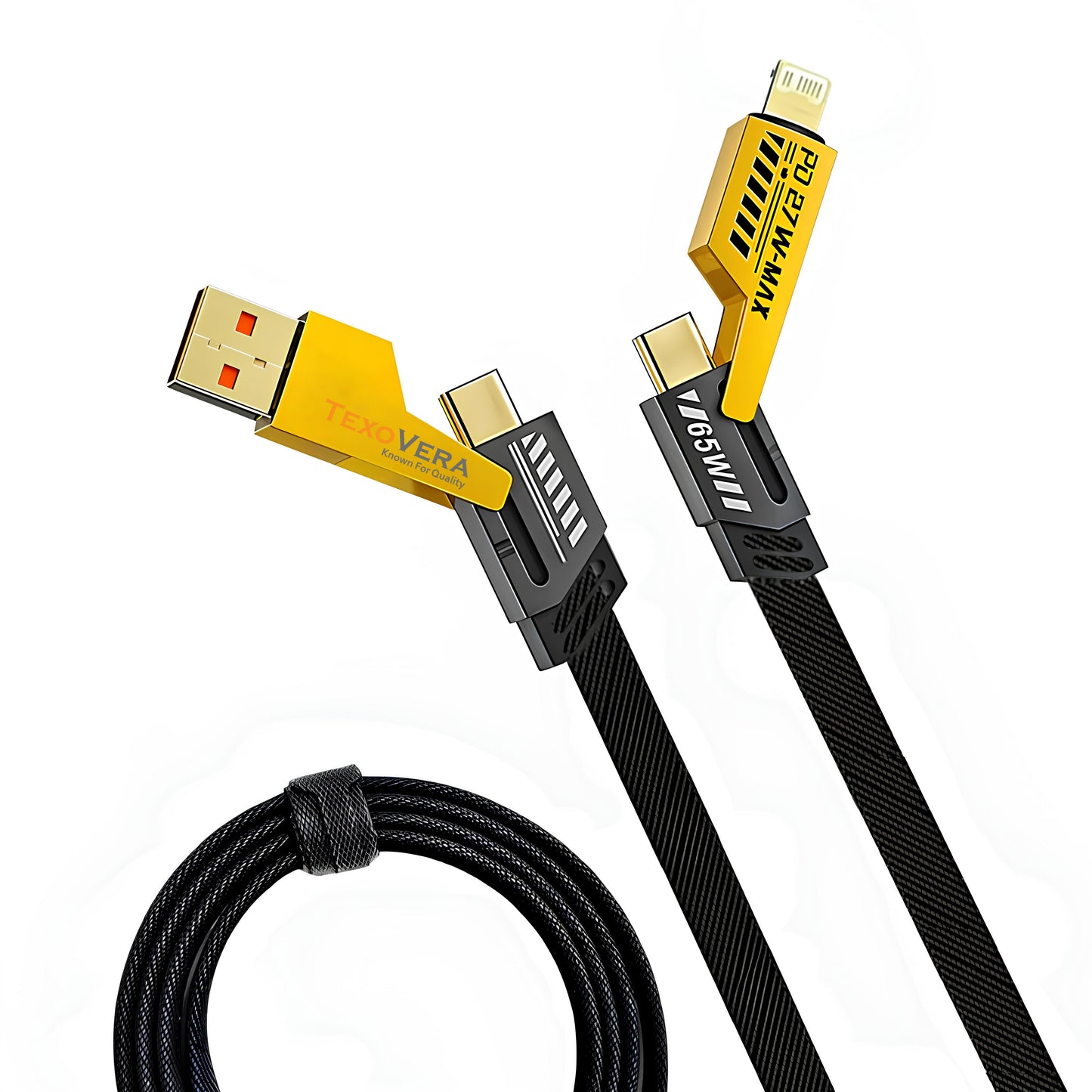 TexoVera 65W 4 in 1 Data Cable Fast Charging Cable, Compatible with iPhone, Samsung, OnePlus, Google Pixel, Laptop, Macbook