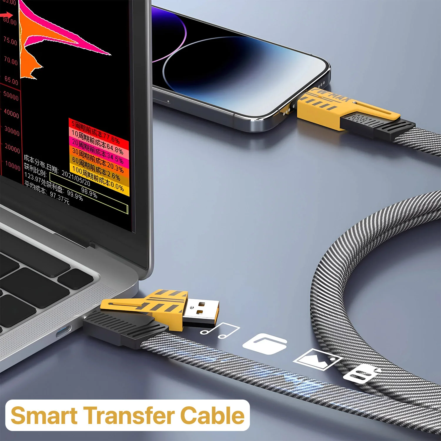 TexoVera 4-in-1 65W Fast Charging Flat Cable with USB, Lightning, C-Type Ports