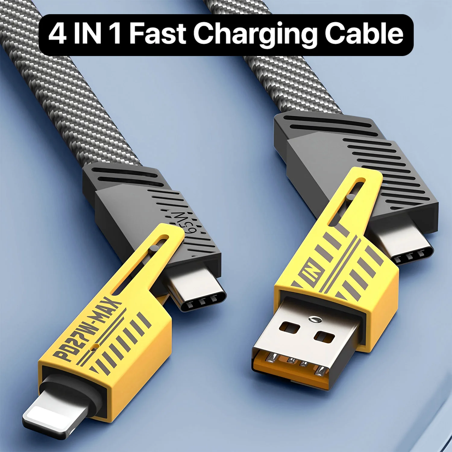 TexoVera 4-in-1 65W Fast Charging Flat Cable with USB, Lightning, C-Type Ports