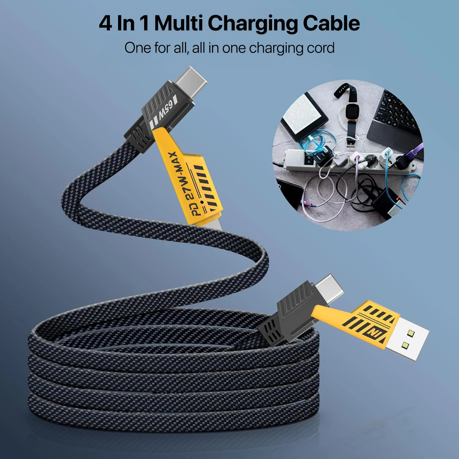 TexoVera 4-in-1 65W Fast Charging Flat Cable with USB, Lightning, C-Type Ports