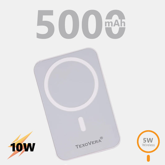 5000 mAh Wireless MagSafe Power Bank, 5W Wireless & 10W Wired - White