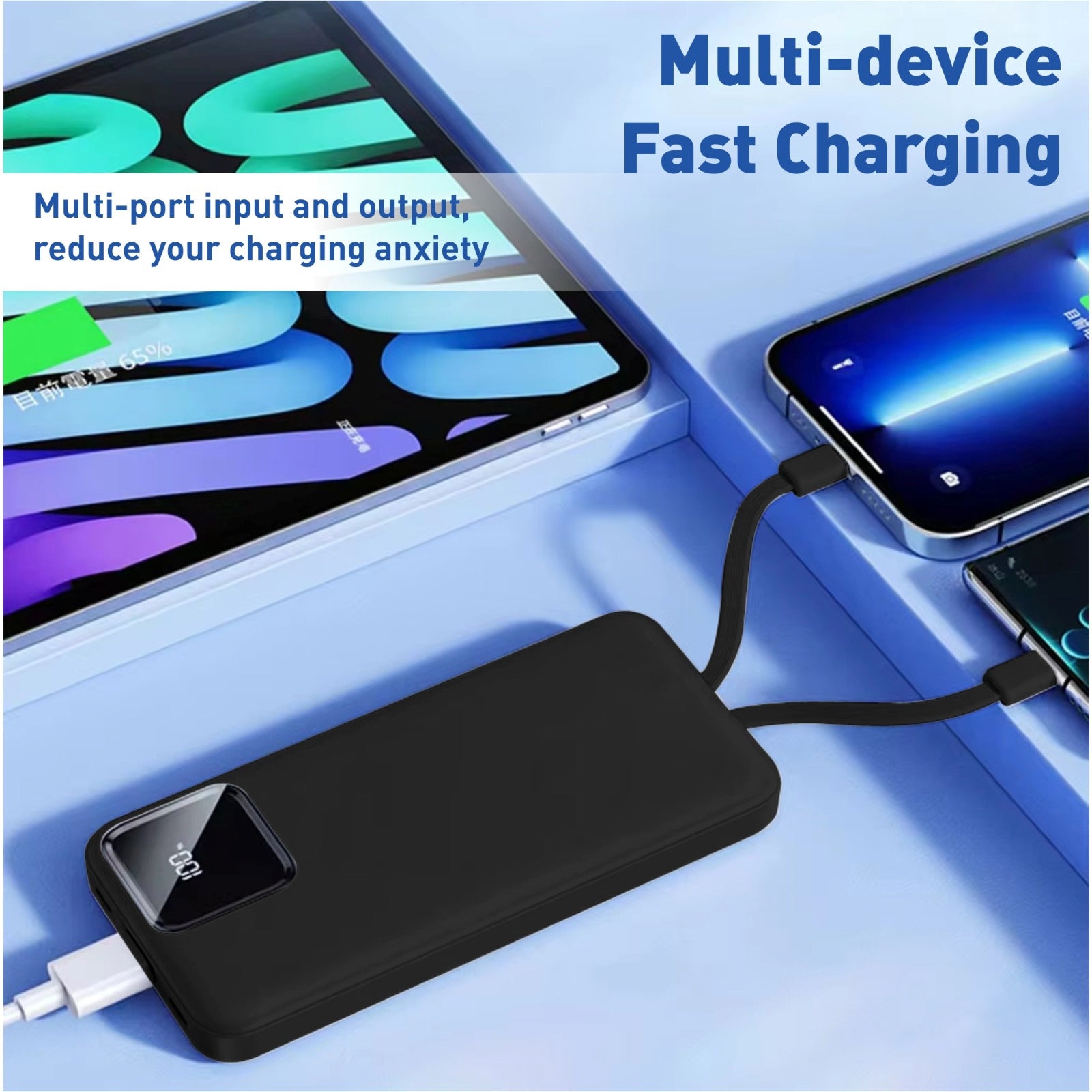 10000 mAh Power Bank, 22.5W Fast Charging with 2 Cables Attached, Lithium-Polymer (A201-2WIRE)