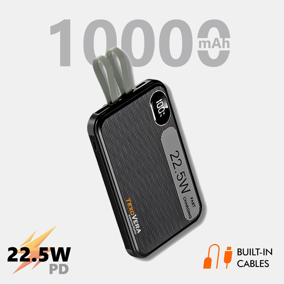 10000mAh 22.5w Power Bank | Digital Display , Built-in Type-C & Lightning Cable