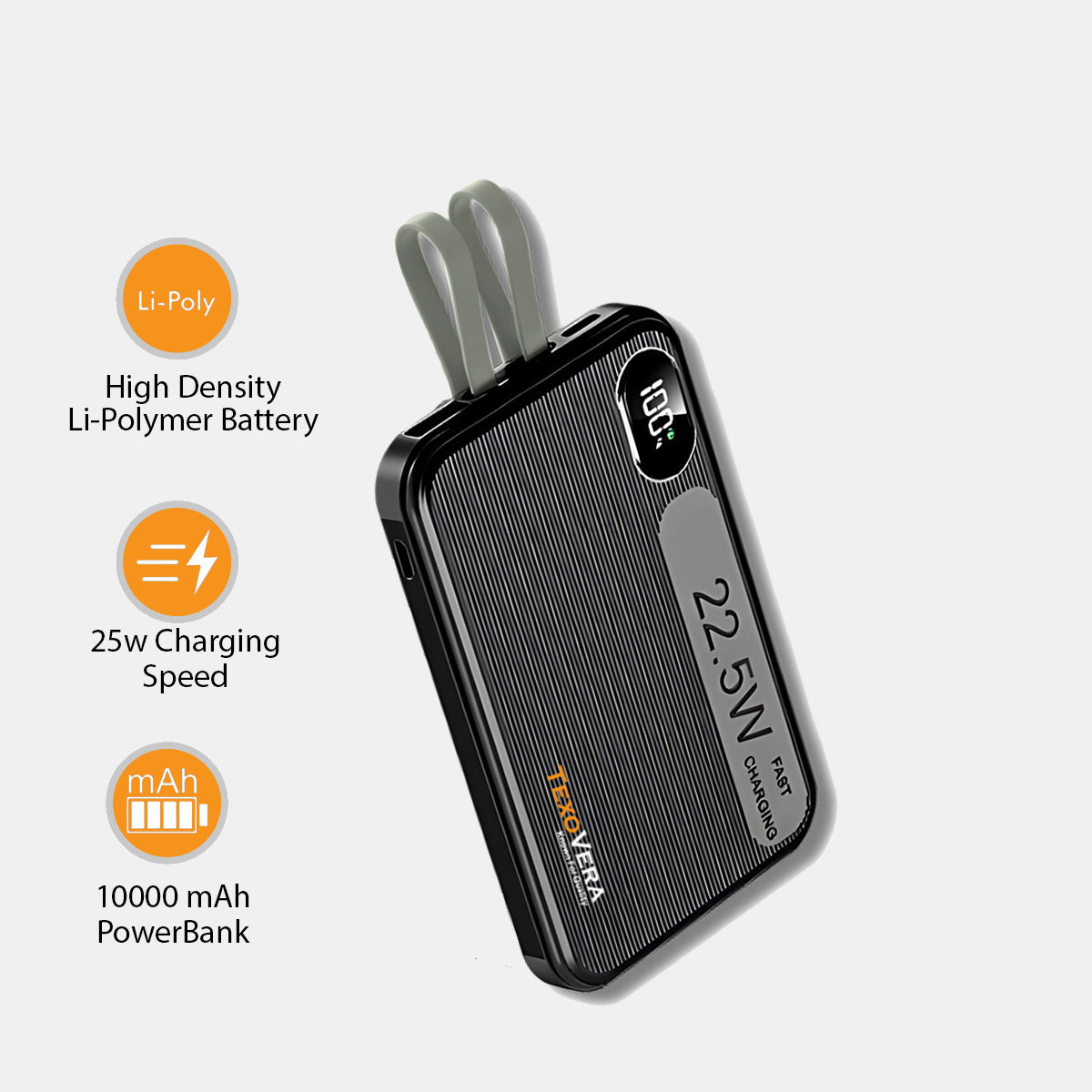 10000mAh 22.5w Power Bank | Digital Display , Built-in Type-C & Lightning Cable