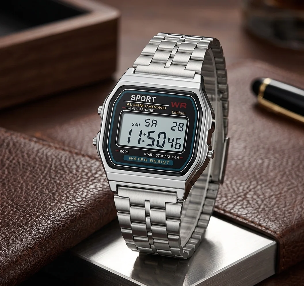 Vintage Digital Watch for Men & Boys | Stainless Steel Strap