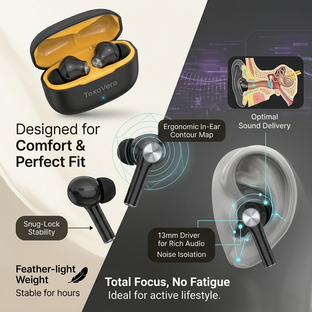 TexoVera ZYRA Wireless Earbud With Comfortable Fit 30H Playback