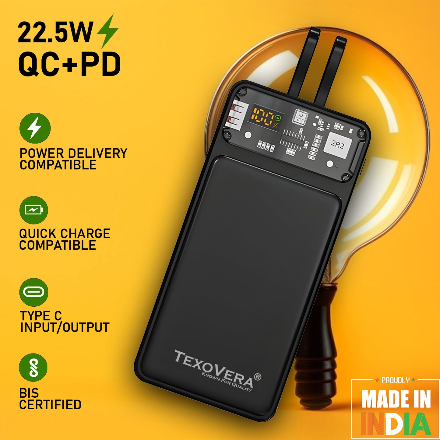 TexoVera 10000 mAh 25W Slim Pocket Size Power Bank Black, Lithium Polymer, Fast Charging