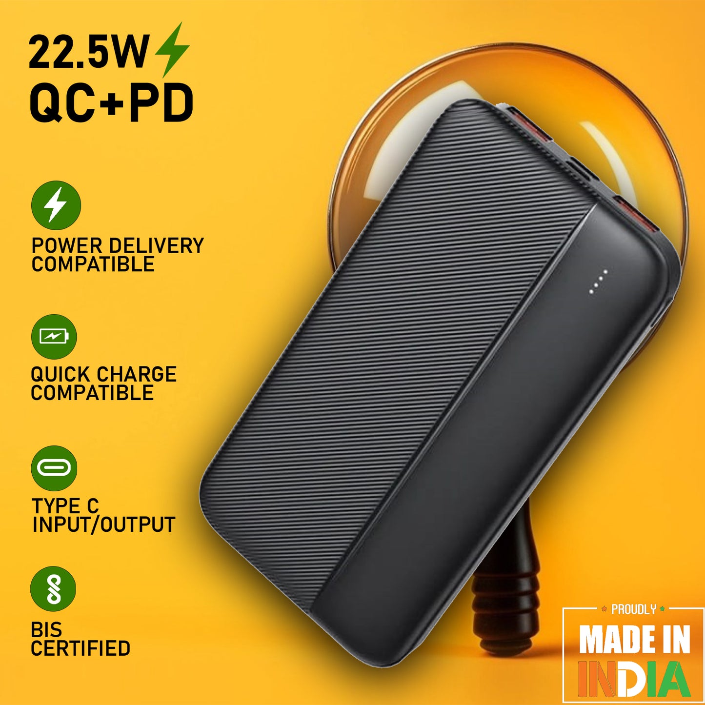 10000 mAh 25W Pocket Size Power Bank, Black, Lithium-Polimer, Fast Charging