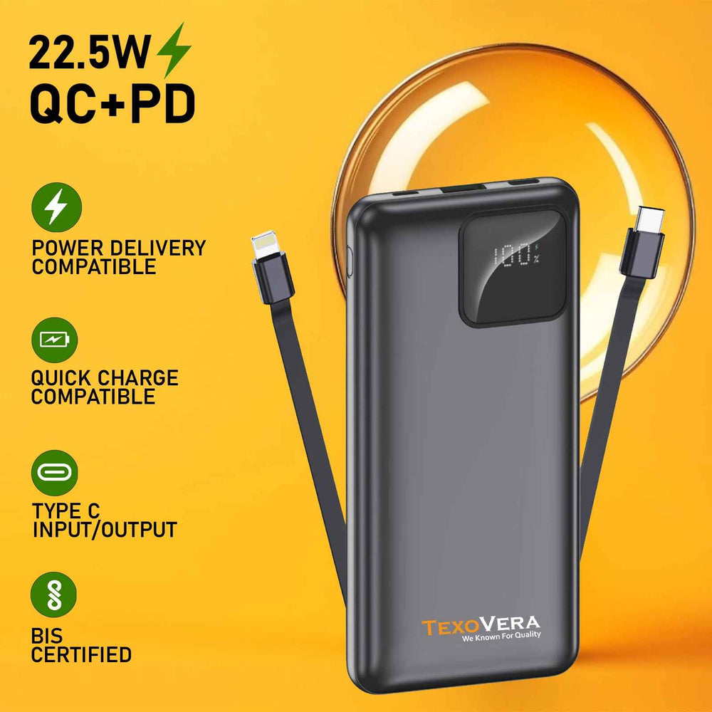 TexoVera 10000 mAh 22.5W Power Bank with 2 Cable Attached, Lithium-Polymer, Fast Charging (A201-2WIRE)