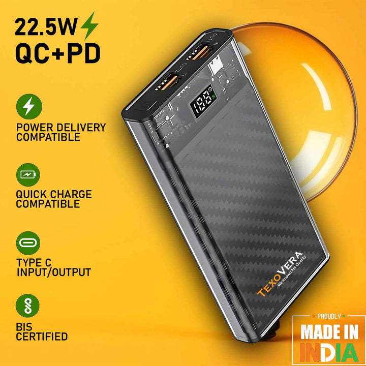 TexoVera 10000 mAh 22.5W Power Bank with 2 Cable Attached, Lithium-Polymer, Fast Charging (CARBONFIVER)