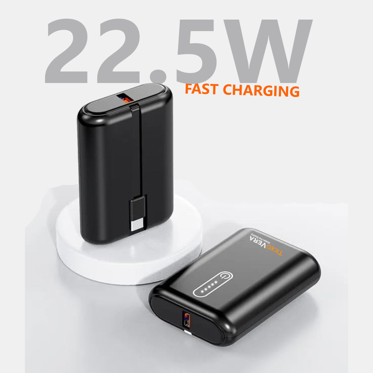 TexoVera 10000mAh Power Bank 22.5W with Cable - Black (POCKET-10K)