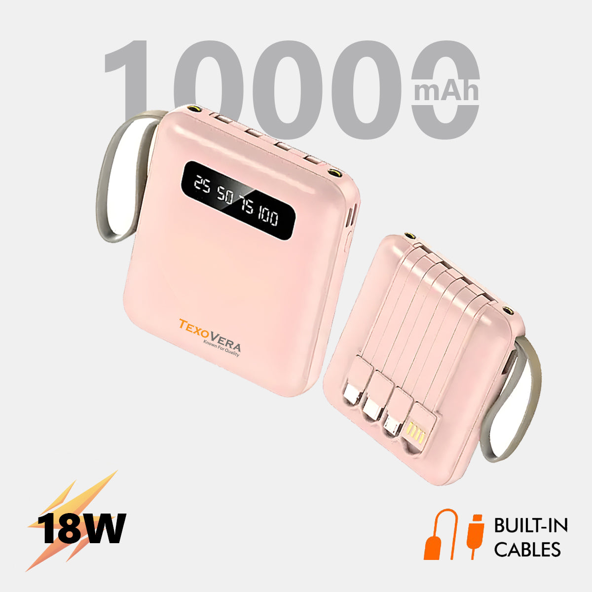 Mini 10000 mAh 12W Power Bank With 4 Cable attached