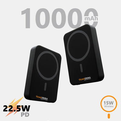 10000 mAh Wireless MagSafe Power Bank, 15W Wireless & 22.5W Wired - Black