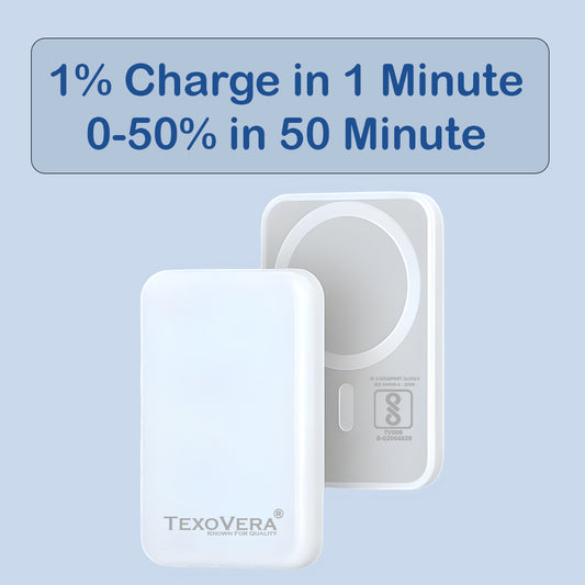 TexoVera 10000 mAh Wireless MagSafe Power Bank, 15W Wireless & 25W Wired, Lithium Polymer Battery - White