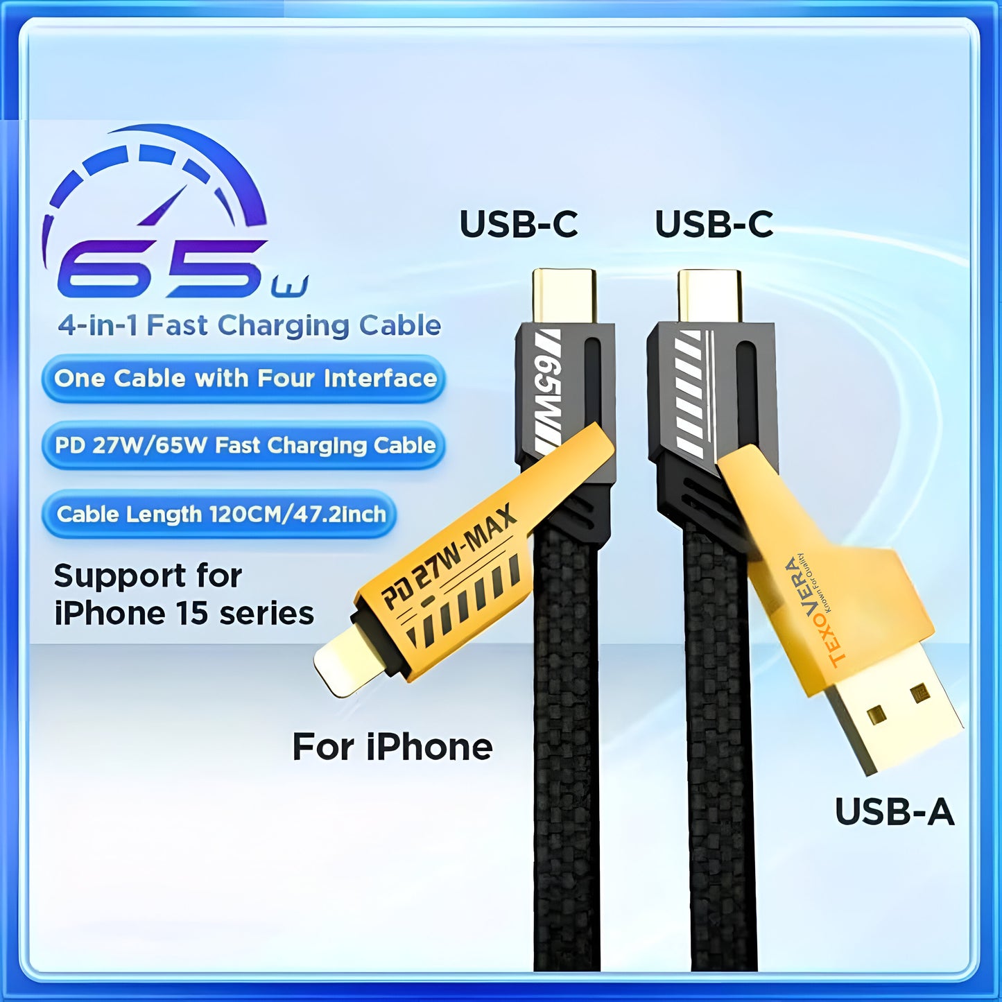 TexoVera 65W 4 in 1 Data Cable Fast Charging Cable, Compatible with iPhone, Samsung, OnePlus, Google Pixel, Laptop, Macbook