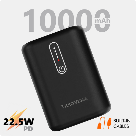 TexoVera 10000mAh Power Bank 22.5W with Cable - Black (POCKET-10K) Power Bank 10000mAh