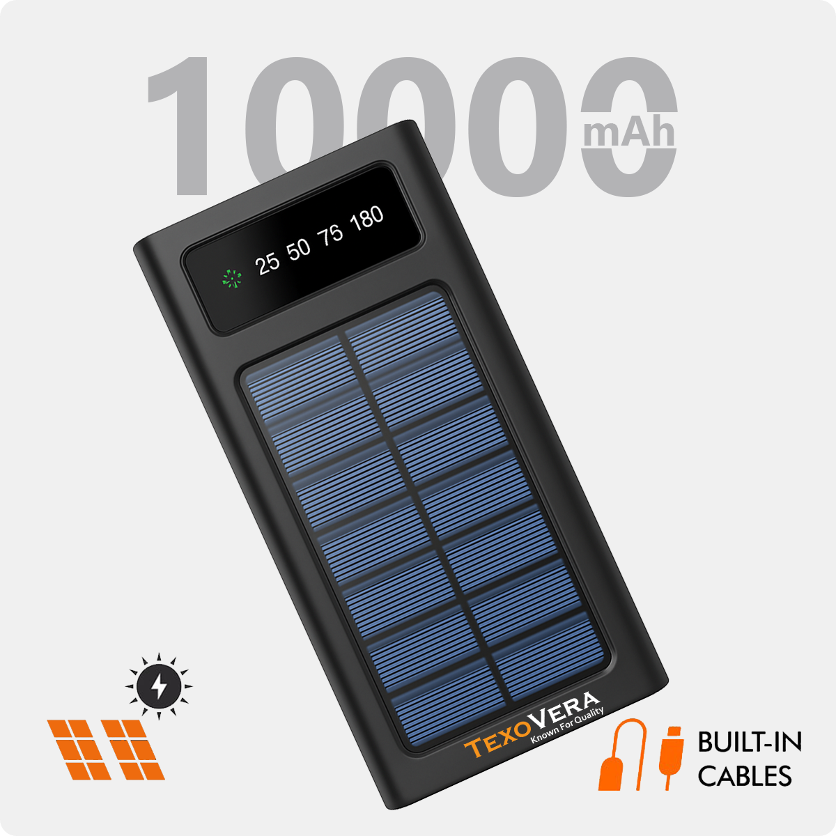 TexoVera Solar Power Bank 10000 mAh with 15W Solar Charging and Lithium Polymer Battery (Solar-4Wire-10K)