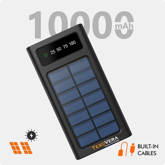 TexoVera Solar Power Bank 10000 mAh with 15W Solar Charging and Lithium Polymer Battery (Solar-4Wire-10K)